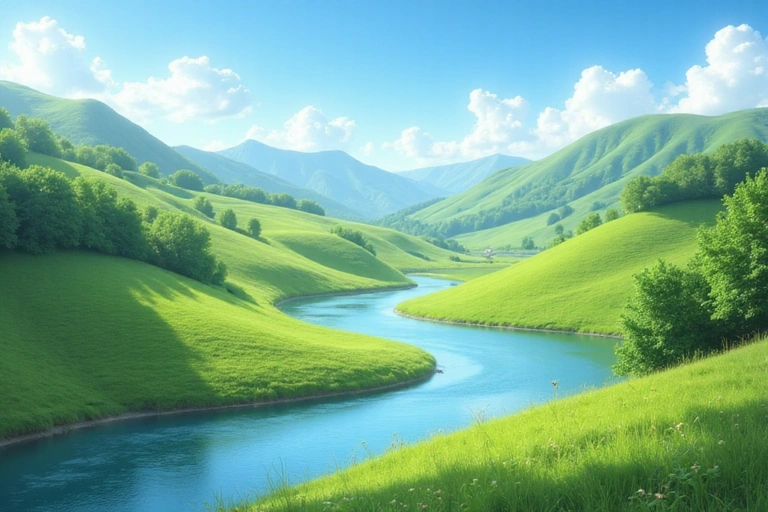 A serene natural landscape with lush green hills and a clear blue sky, evoking peace and natural beauty.