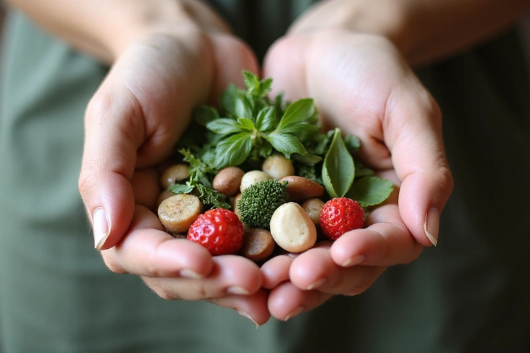 Hands gently holding a variety of fresh, natural ingredients like herbs, leaves, and berries, symbolizing care and natural sourcing.
