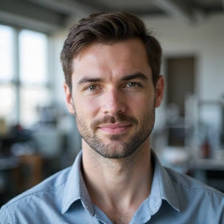 Portrait of a male product development specialist, looking thoughtful and innovative.