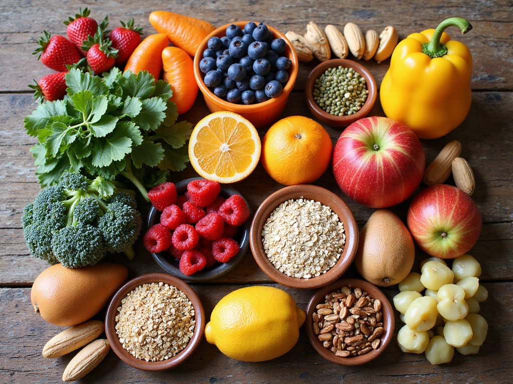 A vibrant, colorful spread of fresh, healthy foods including fruits, vegetables, nuts, and whole grains on a wooden table.