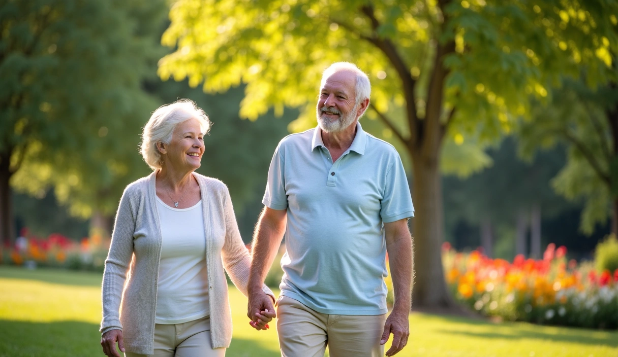 A serene elderly couple enjoying a walk in a sunny park, symbolizing healthy aging and longevity.