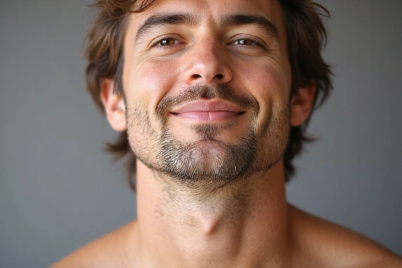 A close-up of a man's healthy, glowing skin, emphasizing men's skincare.