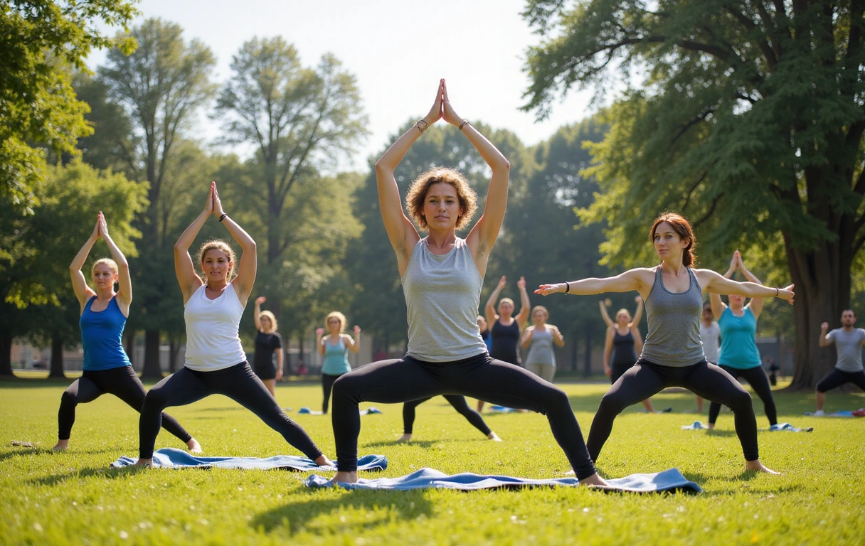 A group of diverse people performing yoga outdoors in a park, demonstrating various fitness levels.