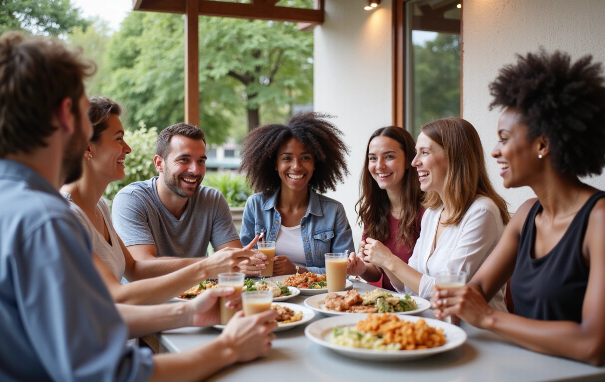 A diverse group of friends laughing and enjoying a meal together at an outdoor cafe, symbolizing strong social connections.