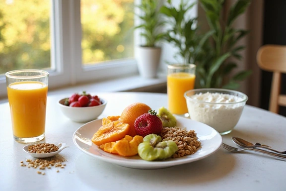 A person enjoying a healthy, balanced breakfast with fruits, yogurt, and granola, with sunlight streaming in.