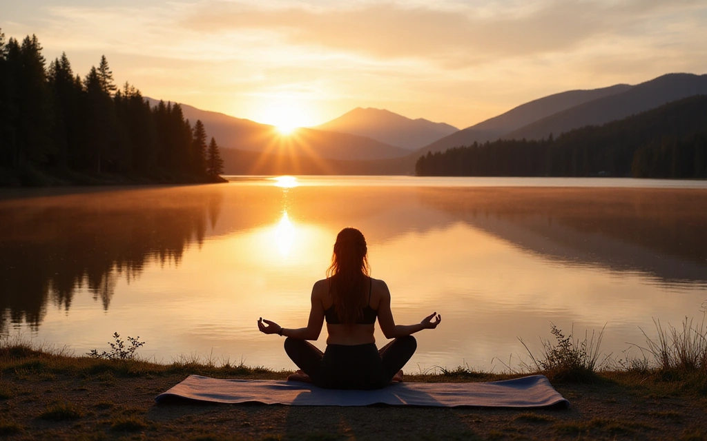 A person meditating peacefully by a calm lake at sunrise, surrounded by nature.