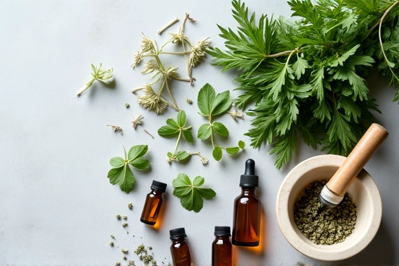 Ingredients for a natural anti-aging serum, with herbs, oils, and small bottles.