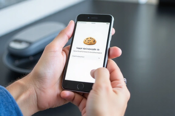 Illustration of a person's hand holding a mobile phone with cookie settings on screen