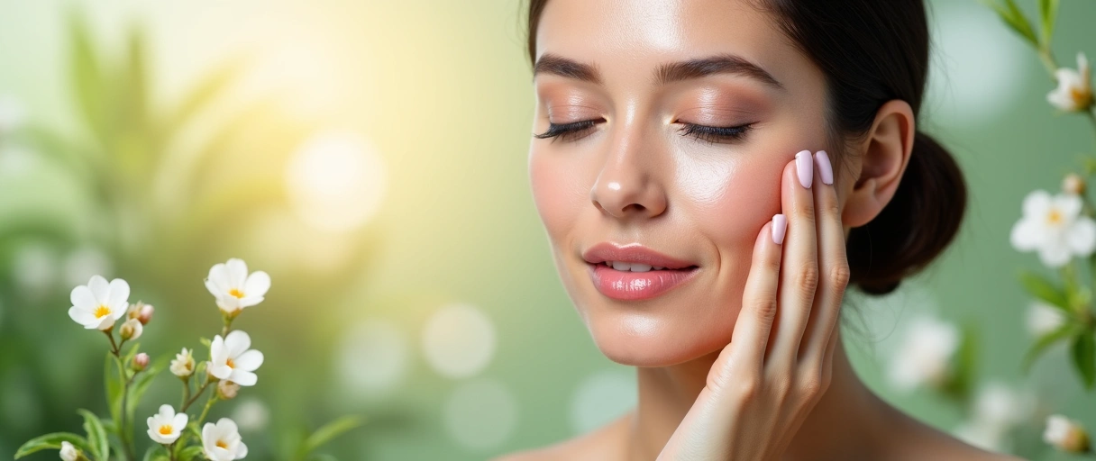 Beautiful woman with glowing skin, surrounded by natural botanical elements, symbolizing natural skincare for women.