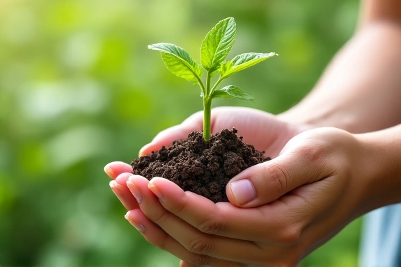Hands holding a plant sprout in biodegradable packaging, symbolizing sustainable skincare.