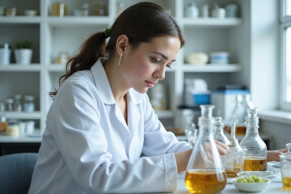 Scientist in a lab coat examining botanical extracts in a clean, modern lab setting.