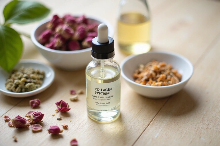 Various natural skincare ingredients like collagen peptides, hyaluronic acid serum, and botanical extracts in glass vials on a wooden surface.